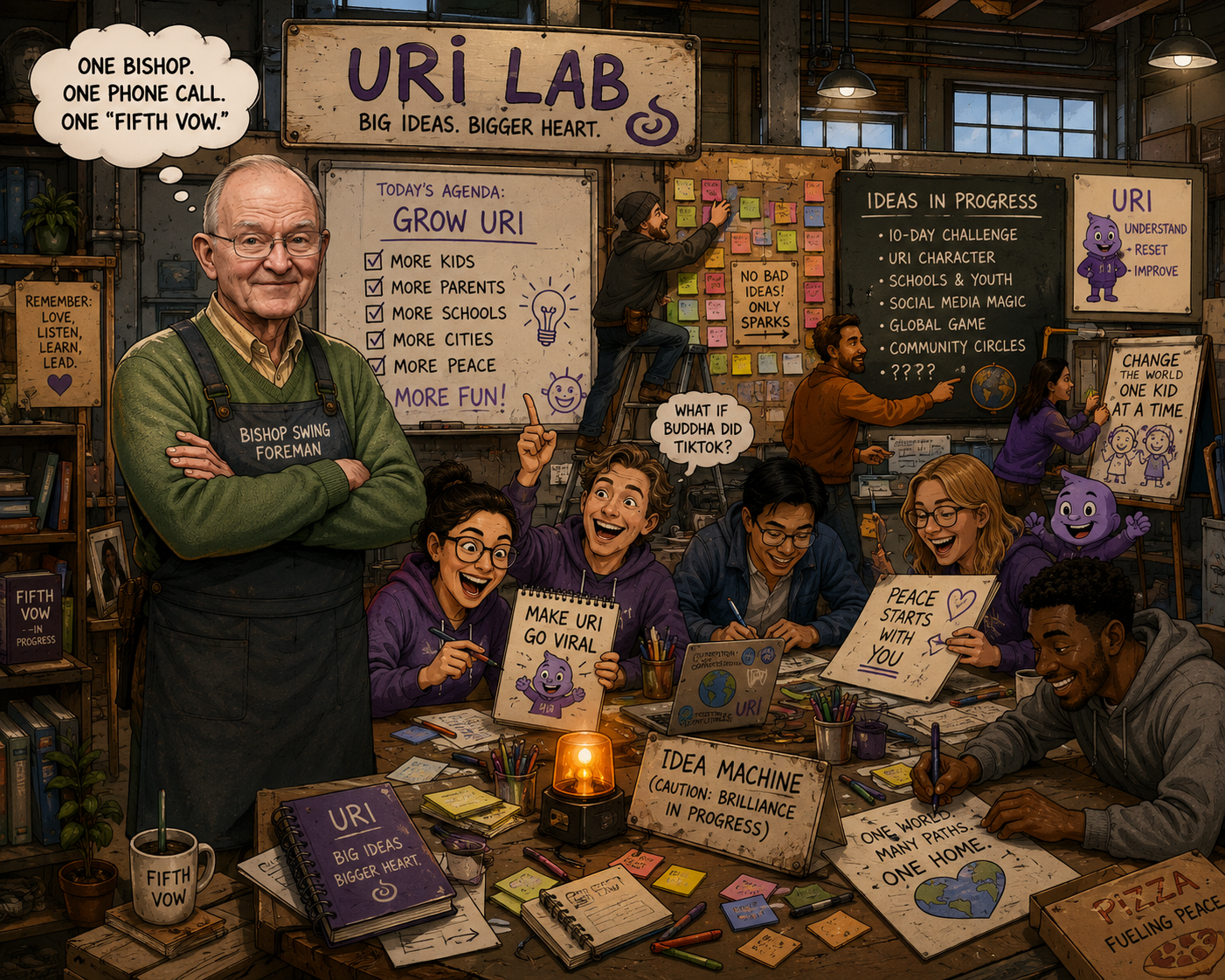 URI Lab volunteers brainstorming around a workbench covered in sketches, sticky notes, and a glowing idea machine